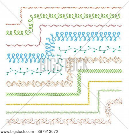 Vector Set Of Five Hand Drawn Brushes With Corner Tiles. Seamless Pattern Of Different Colors For Fr