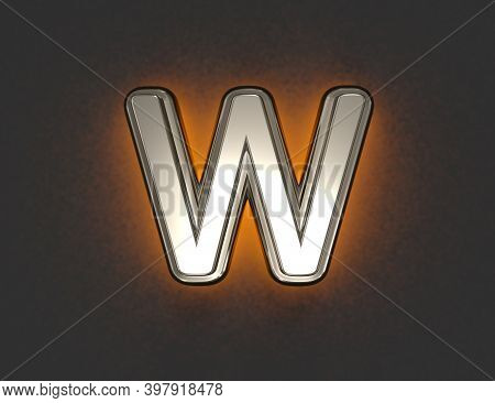 Silver Metalline Font With Outline And Yellow Noisy Backlight - Letter W Isolated On Grey Background