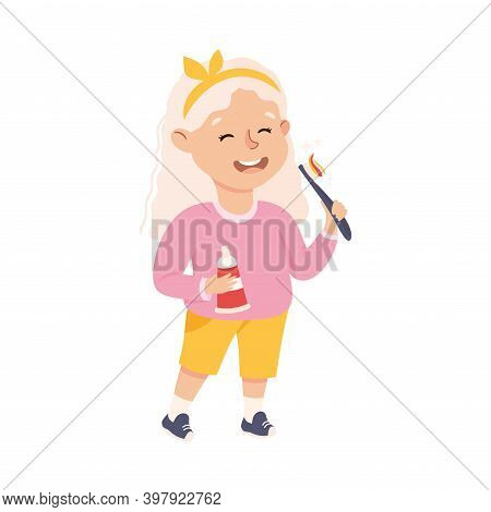 Obedient Girl With Good Breeding Brushing Her Teeth In The Morning Vector Illustration
