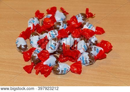 Primelin - France, January 05, 2019 : Wrapped Schoko-bons Chocolates From Kinder Brand
