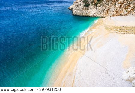 Landscape Of Kaputas Beach In Kas, Kalkan, Antalya, Turkey. Lycian Way. Summer And Holiday Concept