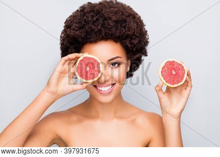 Close-up Portrait Of Nice Attractive Lovely Cheerful Cheery Wavy-haired Girl Holding In Hands Grapef