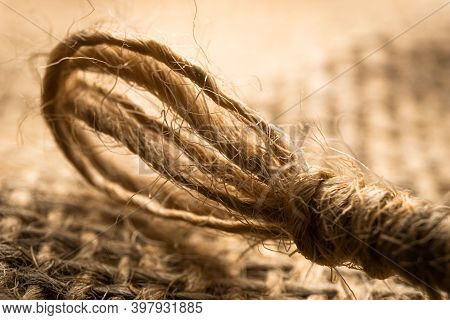 Macro Linen Rope Isolated On Linen Fabric Background