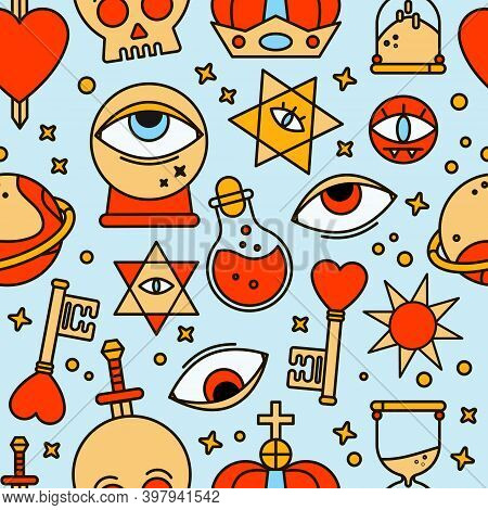 Halloween Seamless Pattern With Mystic Elements. Background For Tarologist And Astrologer