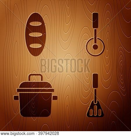 Set Spatula, Bread Loaf, Cooking Pot And Pizza Knife On Wooden Background. Vector