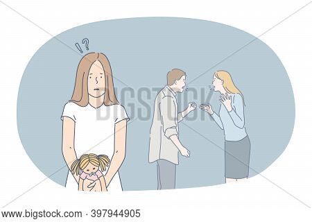 Scandal, Fight, Quarrelling Concept. Young Unhappy Girl Daughter Standing Feeling Lost With Shouting