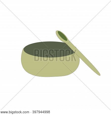 Round Deep Plate With A Spoon On A White Background.