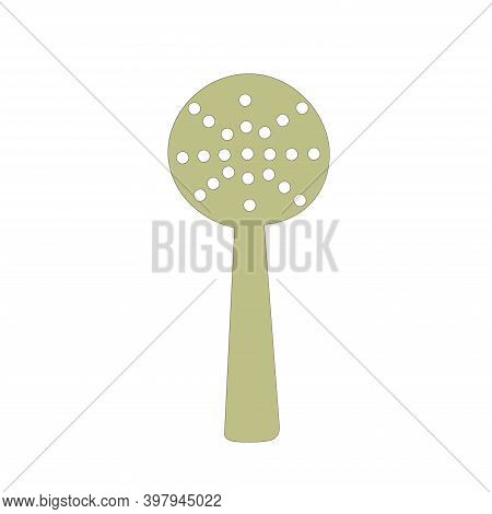 Brown Spoon With Holes For Cooking On A White Isolated Background.