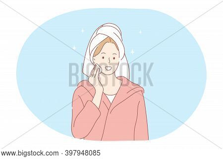 Cosmetics, Make Up, Beauty Concept. Young Smiling Woman Cartoon Character In Towel Cleaning Face Wit
