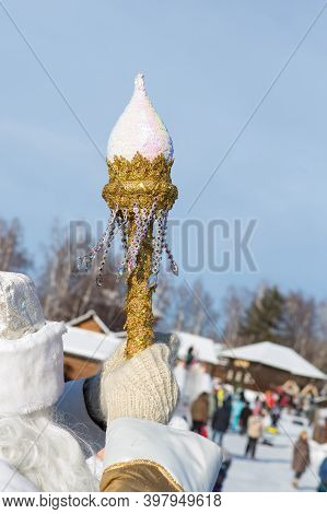 Irkutsk, Russia- 8 January 2019: Father Frost Holding His Golden Magic Wand At Museum Taltci.