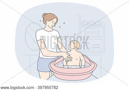 Mother And Son, Motherhood, Mothers Day Concept. Young Positive Woman Mother Cartoon Character Washi