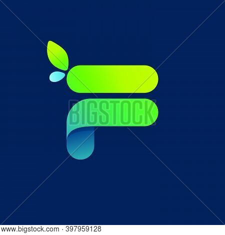 F Letter Green Gradient Eco Logo. Vector One Line Colorful Typeface For Agriculture Branding Design,