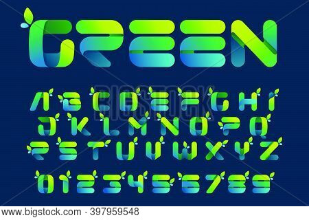 Green Gradient Eco Alphabet. Vector One Line Colorful Typeface For Agriculture Branding Design, Spri
