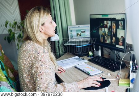 Online Training Teacher For Students. Office Work From Home. Video Call Via Laptop In The Studio Fla