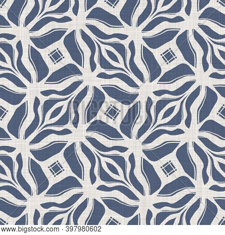 Seamless French Farmhouse Linen Summer Block Print Background. Provence Blue Gray Linen Rustic Patte