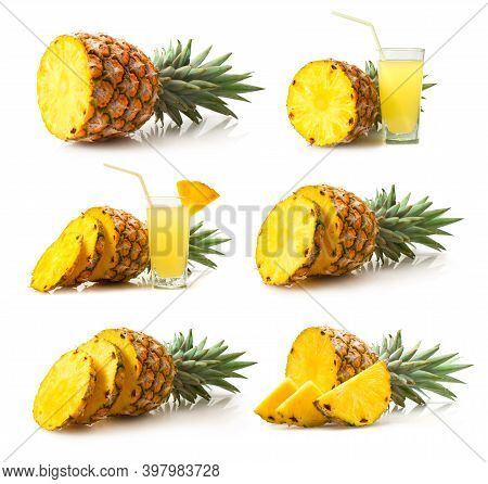 Whole Pineapple And Pineapple Slice. Pineapple With Leaves Isolate On White. Full Depth Of Field. Su