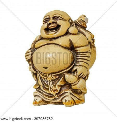Miniature Talisman Netsuke Hotei. A Symbol Of Happiness, Communication. Isolated On White