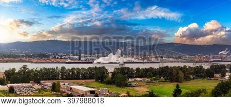 Longview, Washington, United States Of America. Aerial Panoramic View Of Port, Industrial Sites And 