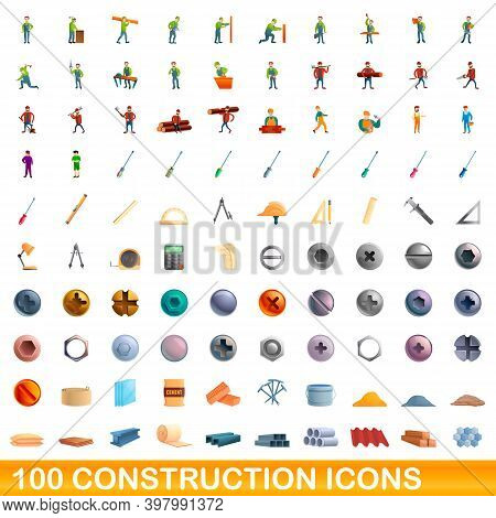 100 Construction Icons Set. Cartoon Illustration Of 100 Construction Icons Vector Set Isolated On Wh