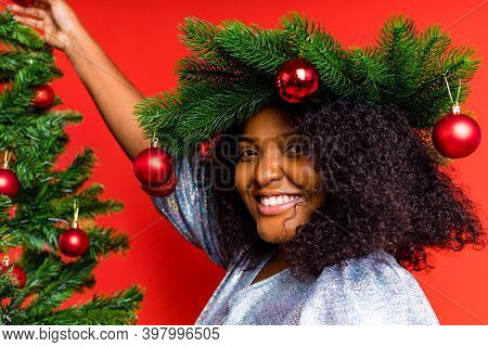 Afro Spanish Woman Celebration Christmas In Silver Dress