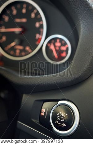 Grodno, Belarus - June 2020: Bmw X3 Ii F25 Xdrive Selective Focus On Red Enlightened Car Start Stop 