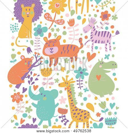 Bright childish seamless pattern with lion, tiger, zebra, hippopotamus, koala and elephant. Can be used for pattern fills, web page backgrounds, surface textures. Great for children bedroom wallpaper