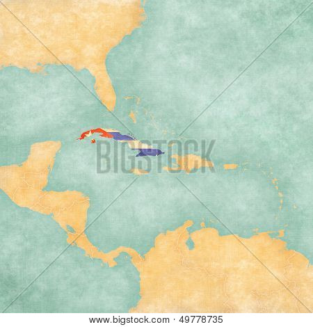 Cuba (Cuban flag) on the map of Caribbean and Central America. The Map is in vintage summer style and sunny mood. The map has a soft grunge and vintage atmosphere which acts as a watercolor painting.