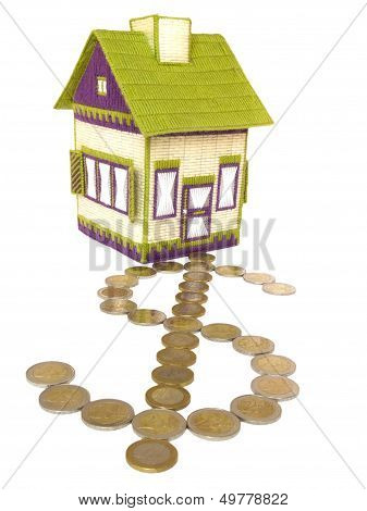 Embroidered house with dollar path made of euro coins