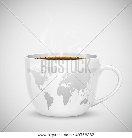 illustration of coffee cup with world map