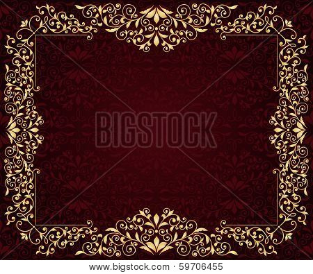 Vector Greeting Card With Golden Frame In Vintge Seamless Pattern