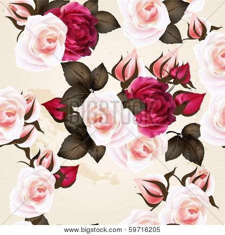 Beautiful Seamless  Vector Pattern With Roses In Vintage Style