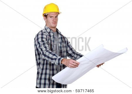 young foreman with blueprints isolated on white