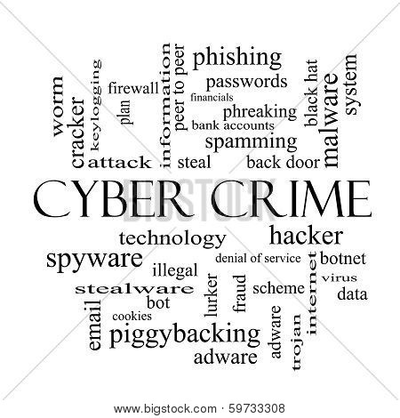 Cyber Crime Word Cloud Concept In Black And White