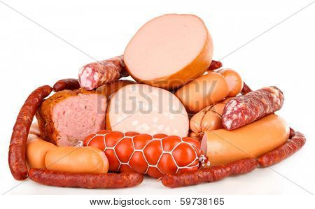 Lot of different sausages isolated on white