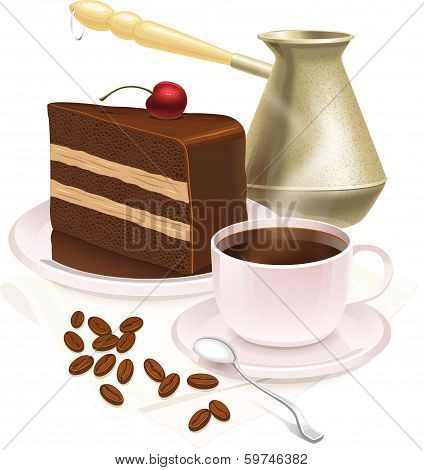Cup of coffee and delicious cake