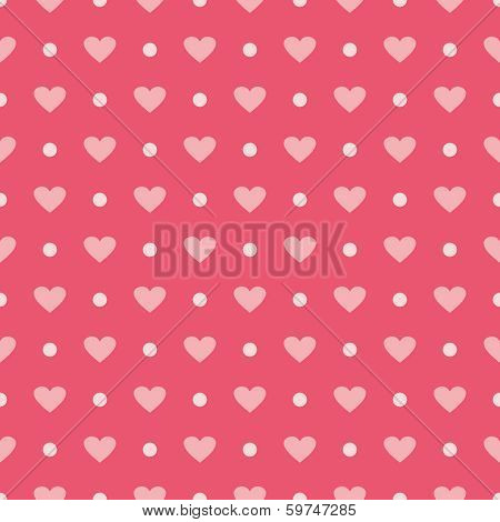 Pink vector seamless pattern or background with hearts and polka dots.