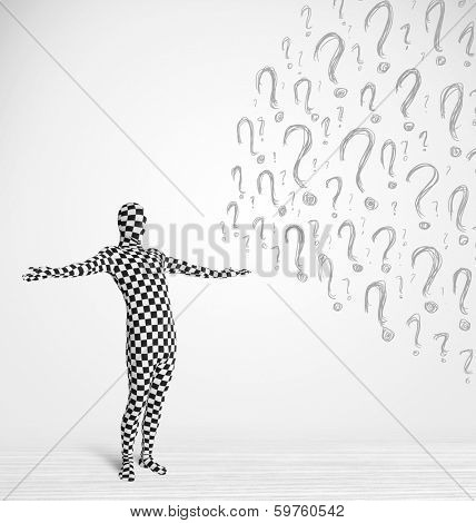 3d human character is body suit morphsuit looking at hand drawn question marks