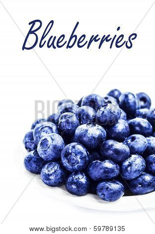 Blueberries On White Plate Isolated On White Background With Copy Space For Text, Close Up. Group Of