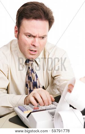 Tax accounant upset by bad financial numbers.  White background.  