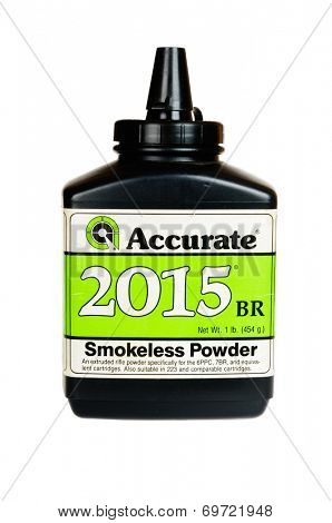 Hayward, CA - August 7, 2014: 1Lb container of Accurate 2015BR smokeless gunpowder