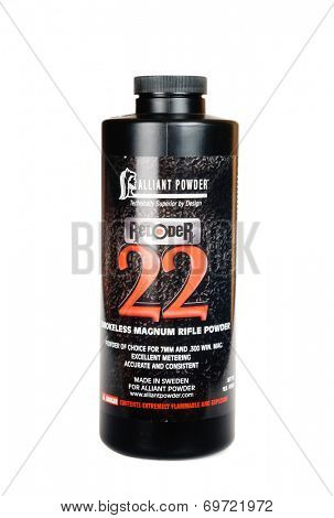 Hayward, CA - August 7, 2014: 1Lb container of RELOADER 22 Smokeless Magnum Rifle powder made in Sweden for Alliant Powder