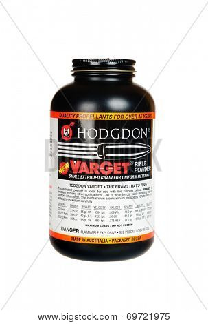 Hayward, CA - August 7, 2014: 1Lb container of Hodgdon Varget rifle powder, made in Australia