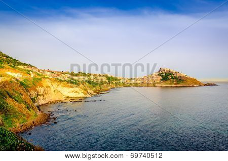 Scenic View Of Castelsardo Town And Ocean Coast Landscape