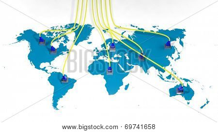World map with internet multiple access points and cables 