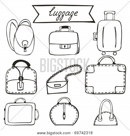 Hand drawn sketch luggage icons. Vector set for your design