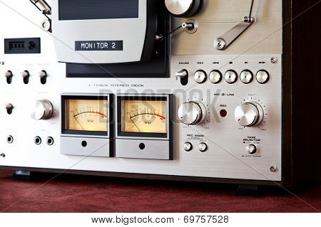 Analog Stereo Open Reel Tape Deck Recorder VU Meter Device Closeup