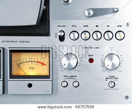 Analog Stereo Open Reel Tape Deck Recorder VU Meter Device Closeup
