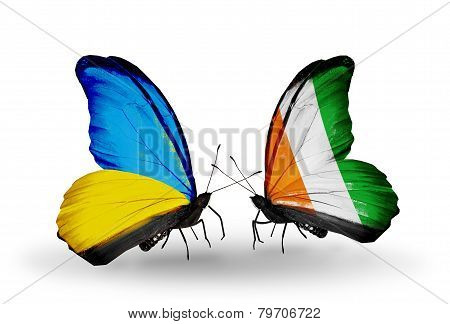 Two Butterflies With Flags On Wings As Symbol Of Relations Ukraine And Cote Divoire