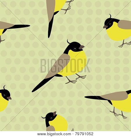 Seamless pattern with adorable yellow birds on a polkadot background