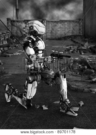 Futuristic Robot In Ruined City.